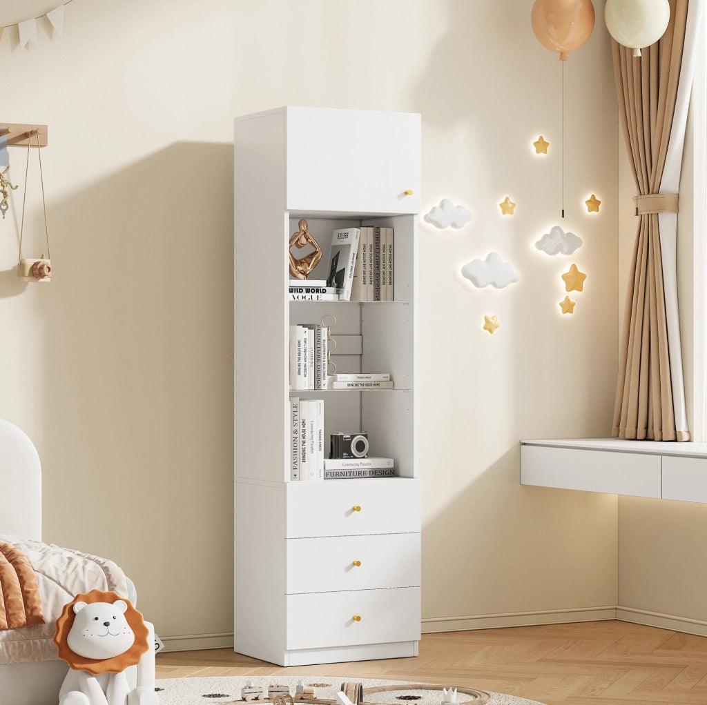 Vetrina alta con cassetti e ripiani in vetro regolabili; MDF; bianca; 50x40x180 cm