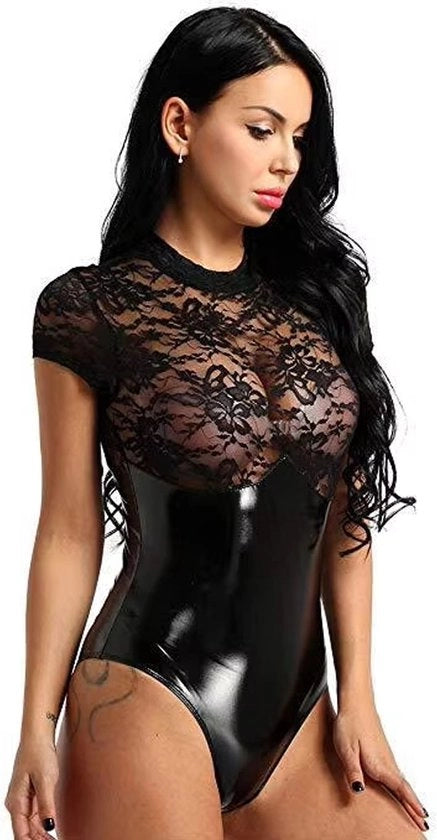 Corpo in Mesh a Tessuto Latex - Cintura Trasparente e Finitura Luccicante - Lingerie Seducente