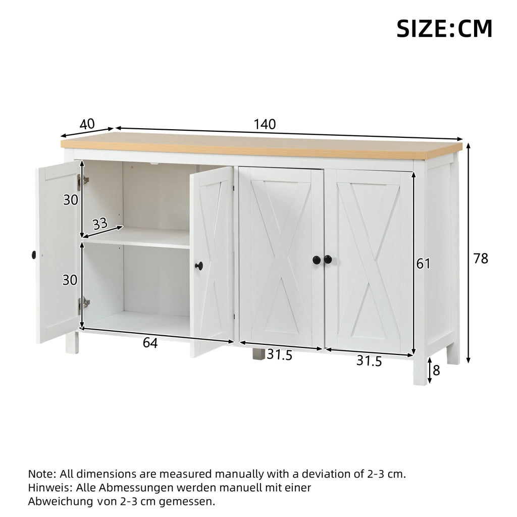 Credenza bianca 140x40x78 cm con 4 ante, 2 ripiani regolabili, struttura in MDF, portata 30 kg, stile moderno