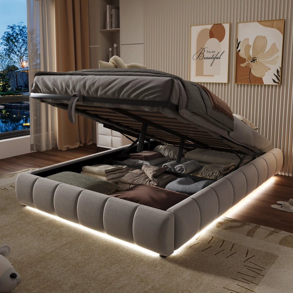 Letto Contenitore 140 x 200 cm; Letto Singolo; LED e contenitore idraulico; Beige