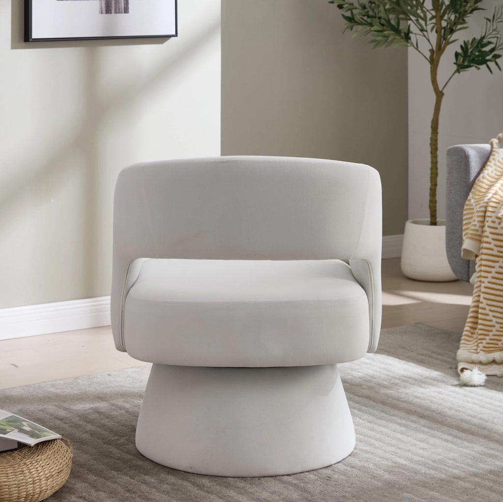 Poltrona girevole moderna in ciniglia beige con base compatta