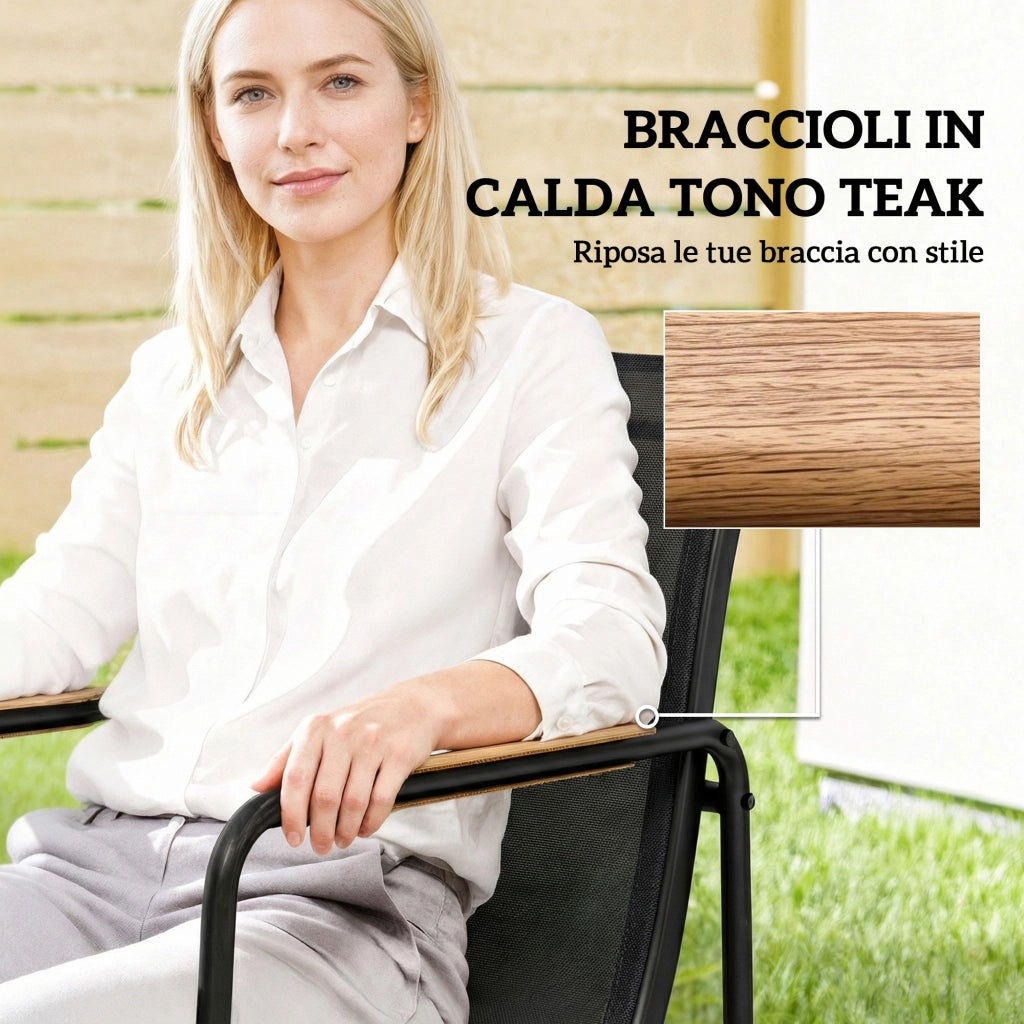 Set da Esterno in Acciaio con Tavolo in Vetro e Sedie in Textilene ¨C zephmum ¨C Nero, 7 Pezzi