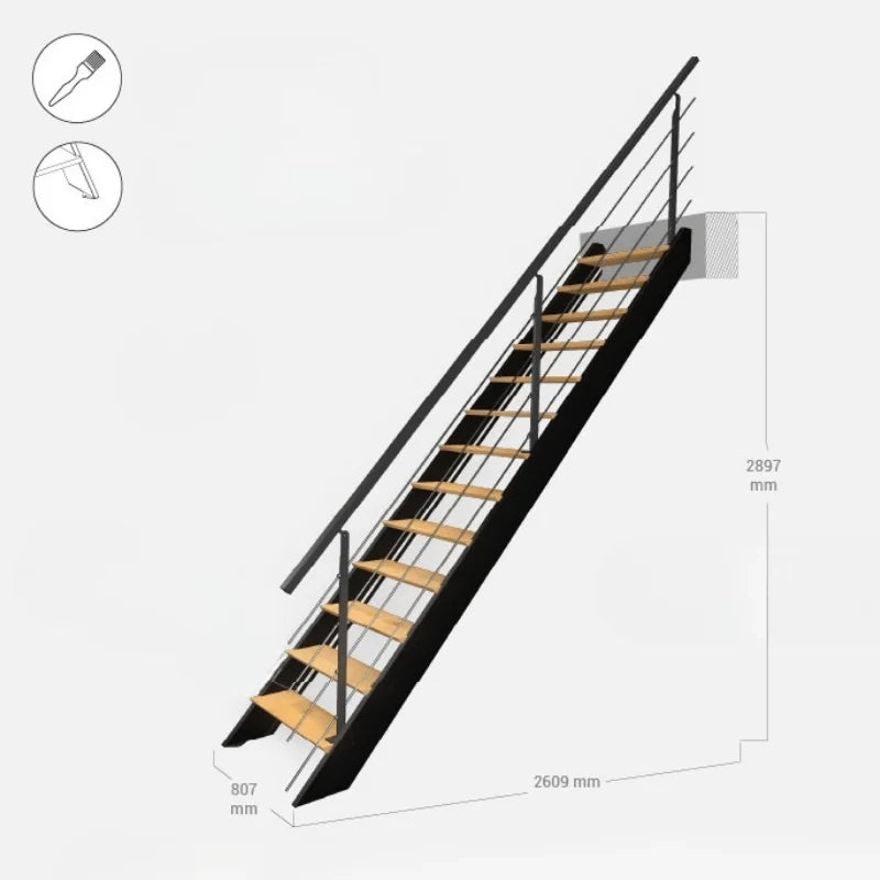 DIVERSO - Scala dritta in legno con LED integrati, nera con balaustra