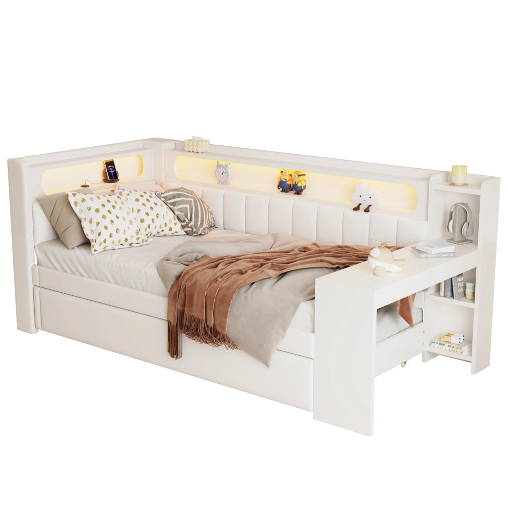 OKWISH Letto a Divano 90×200 cm, Letto Singolo con USB, LED Regolabile e Scrivania, letto estraibile 90×190 cm, senza Materasso, Bianco