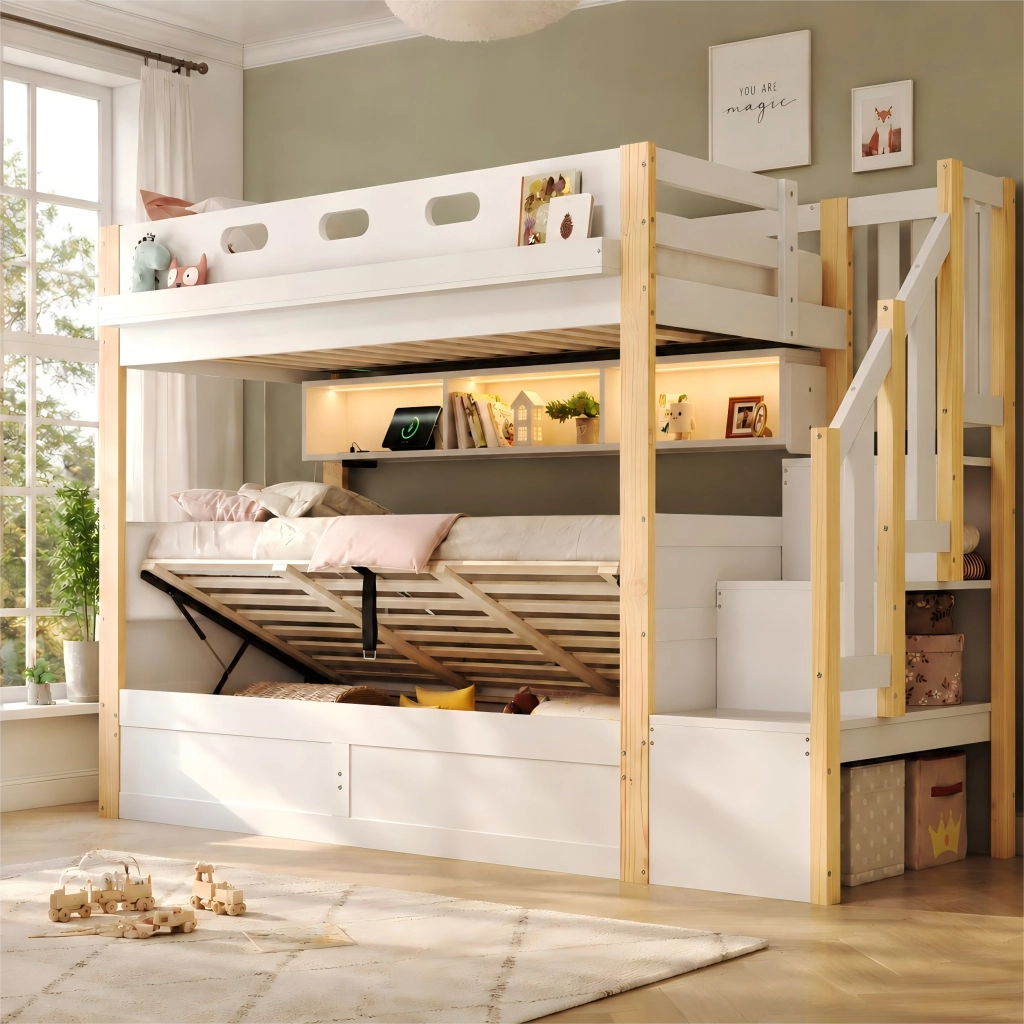 Letto a castello in legno massiccio 90x200 cm con scala contenitore, LED, USB e testiera imbottita, bianco