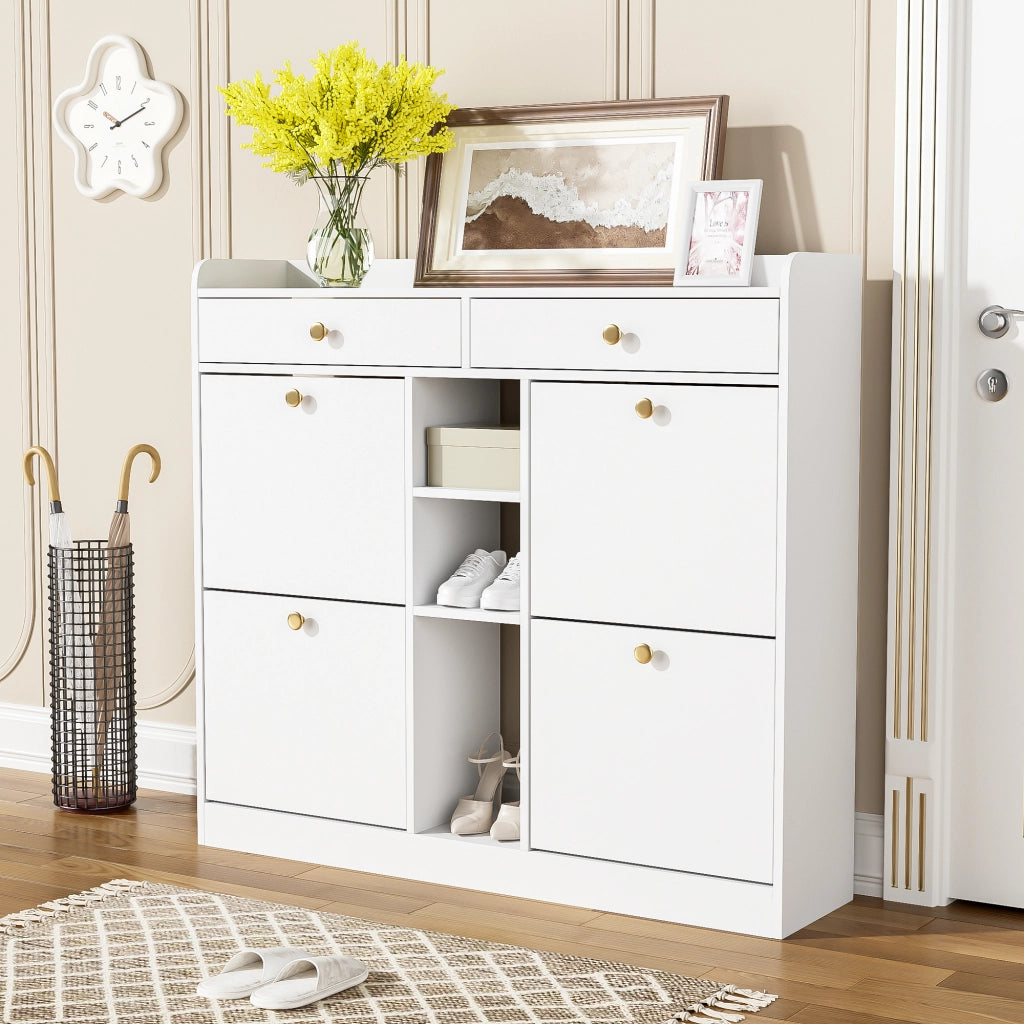 Scarpiera con 4 ante a ribalta, 2 cassetti e 3 vani aperti in legno bianco per ingresso 110 × 26 × 100 cm