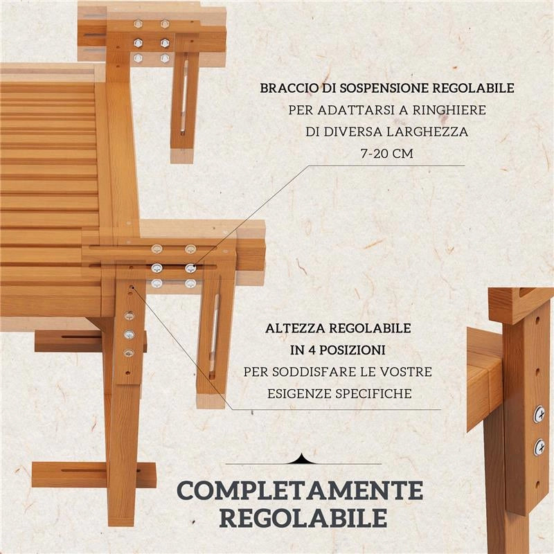 TAVOLINO DA RINGHIERA PER BALCONE PIEGHEVOLE E REGOLABILE IN LEGNO, COLORE TEAK