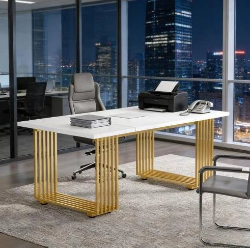 Scrivania 180 cm bianca e oro – piano in legno