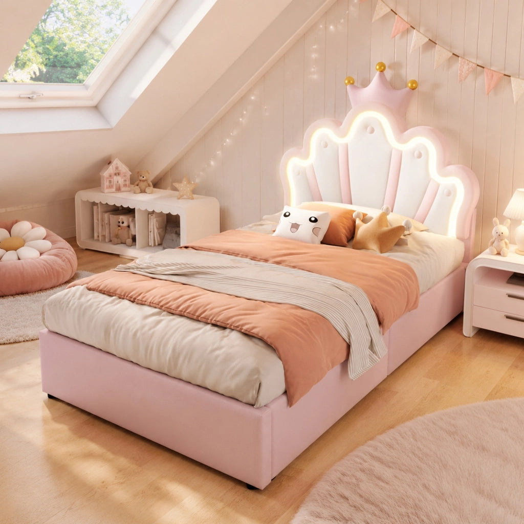 Letto imbottito 90 x 200 cm con LED, testiera regolabile e contenitore idraulico
