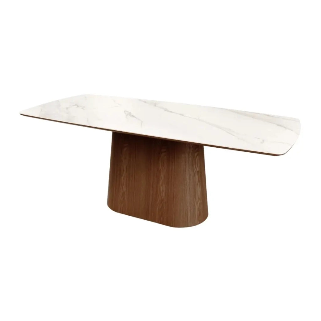 Tavolo rettangolare LUMEA – 200 cm – Piano in ceramica effetto marmo bianco e piede in legno scuro – Stile contemporaneo