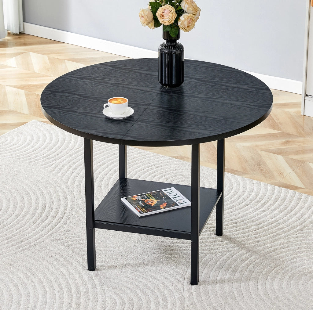 Tavolo da pranzo rotondo ULEVR ?100 cm con ripiano inferiore, MDF e metallo nero, per 4-6 persone
