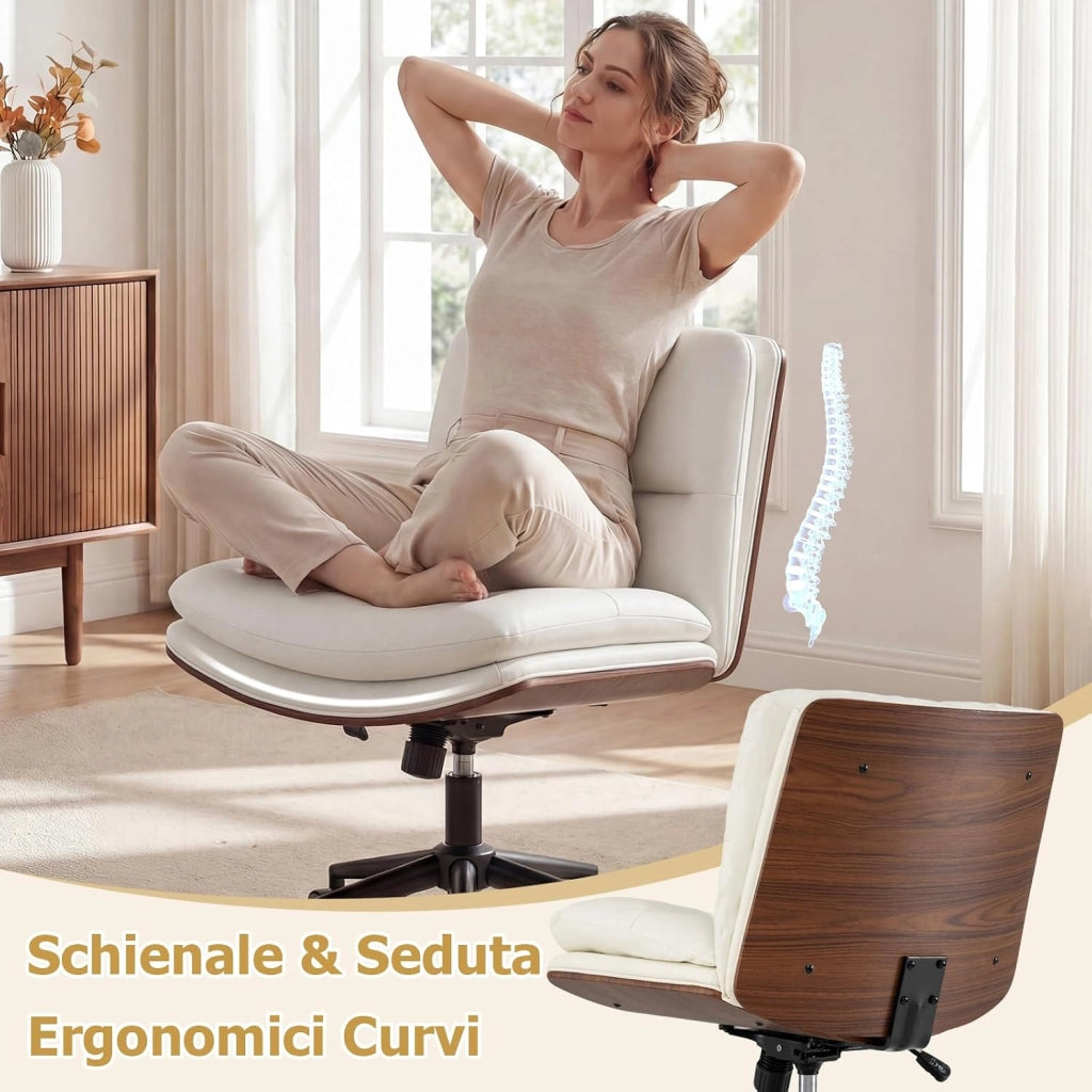 Sedia Ufficio Girevole con Ruote, Sedile Curvo, Schienale Reclinabile, Poltrona Scrivania con Altezza Regolabile, per Lavoro, Studio, Relax, Portata 110 kg (Bianco)