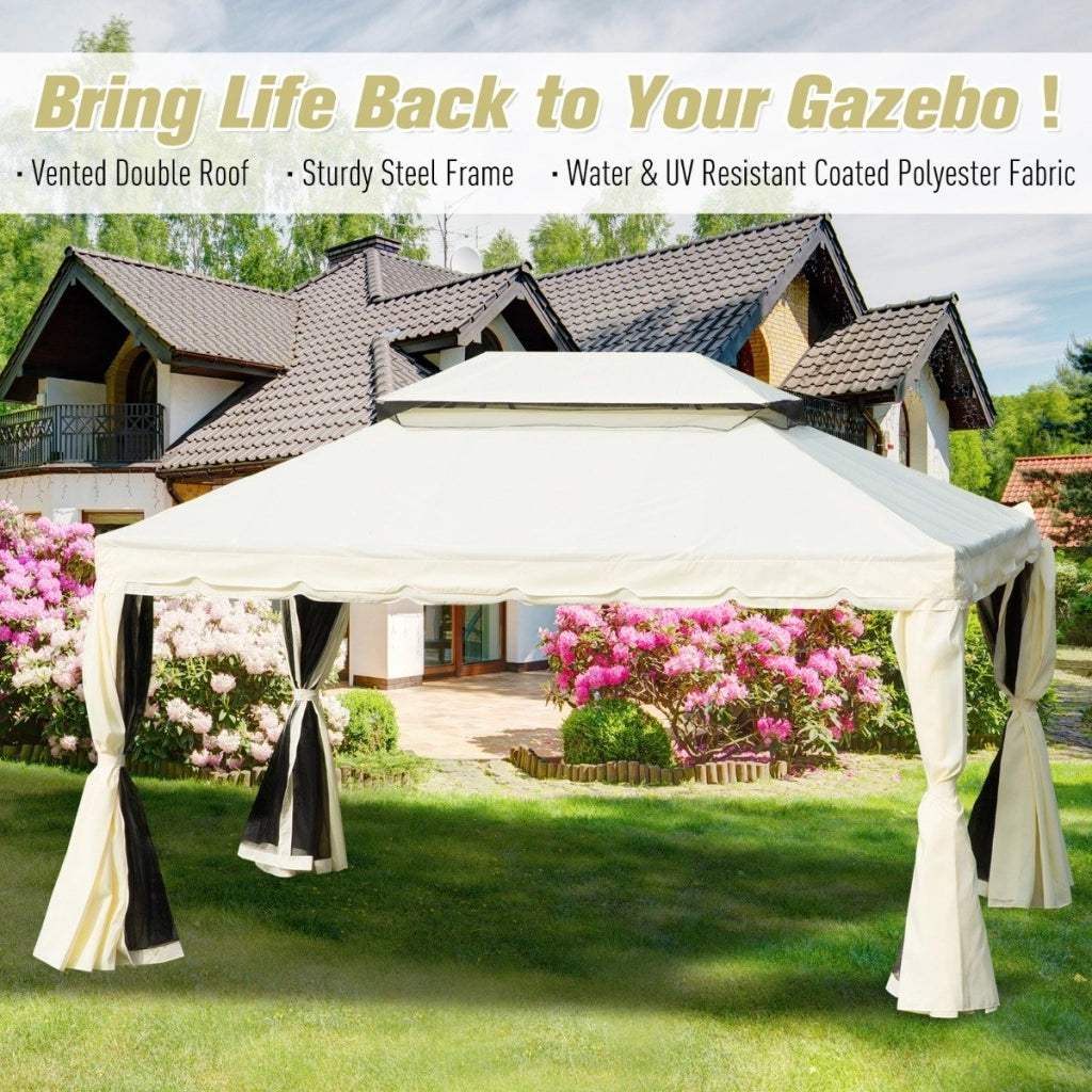 Easycomfort Gazebo da Giardino 4x3m con Zanzariera, Tende e Doppio Tetto in Alluminio e Poliestere, Crema