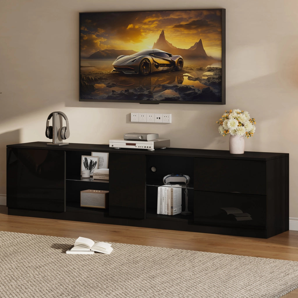 Mobile TV con LED; 2 cassetti e vano chiuso; MDF; vetro temperato; 160 x 40 x 52 cm; nero