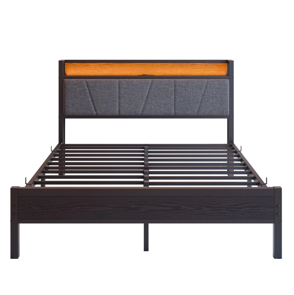 Letto matrimoniale 140 x 200 cm in metallo con testiera contenitore, LED e ricarica USB