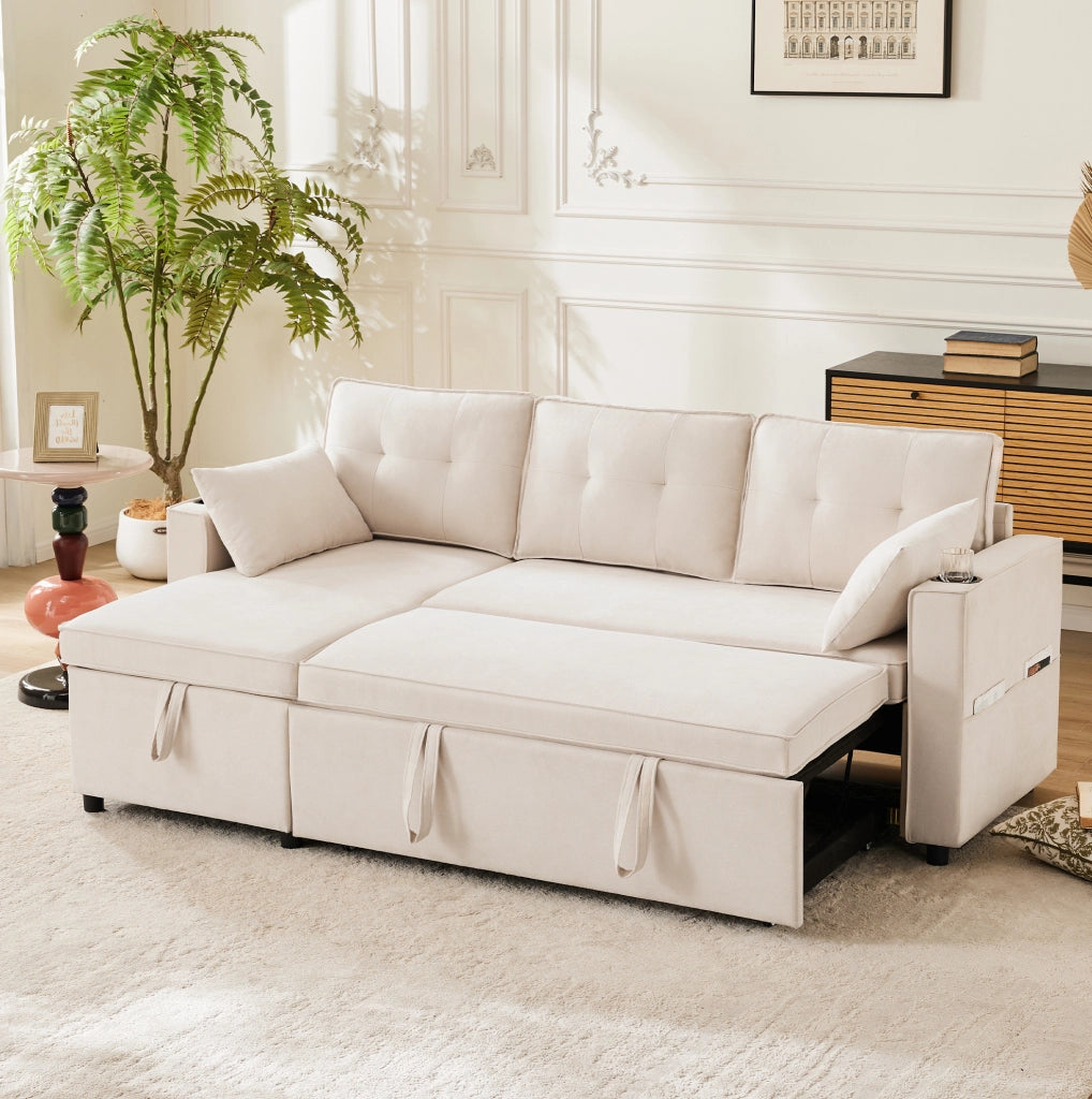 Divano letto angolare con contenitore; chaise longue reversibile; 211x130x86 cm; beige