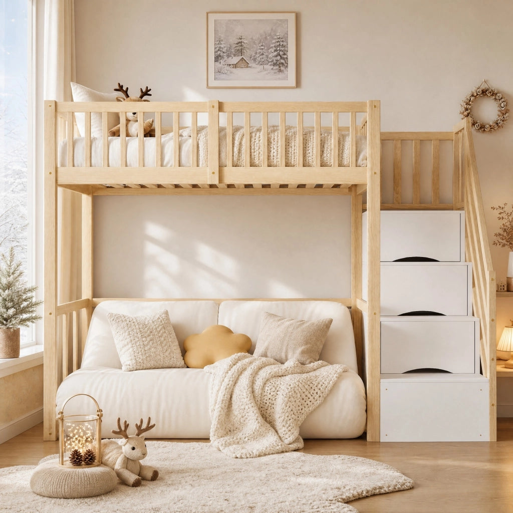 Letto a soppalco 90x200 cm con scale contenitore e scrivania; in legno color naturale