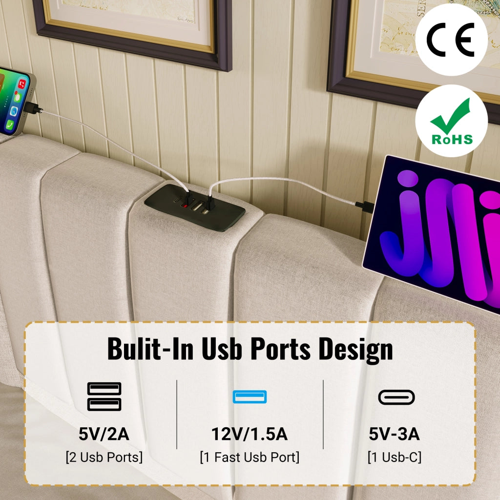 OKWISH Letto Contenitore 180×200 cm, Letto Matrimoniale con 3 USB, Tipo C, LED Regolabile e Vano Contenitore, senza Materasso, in Lino, Beige