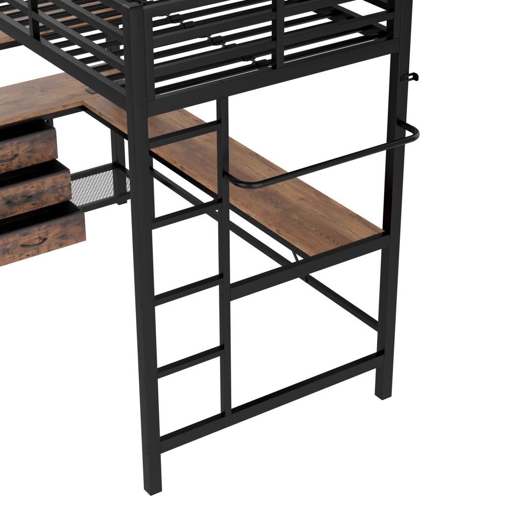Letto a soppalco 90x200 cm con scrivania, LED, cassetti e USB