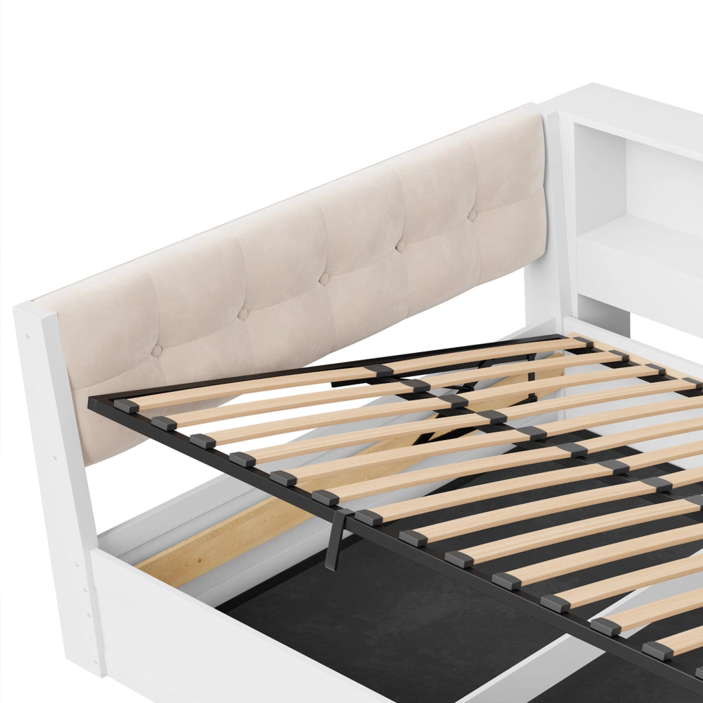 Letto Contenitore Letto Singolo 140x200 cm; con USB; LED e Scaffale laterale in Bianco
