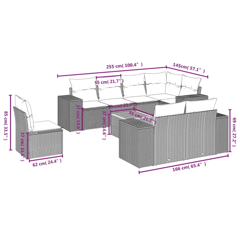 Set Divano da Giardino 9 pz con Cuscini Grigio in Polyrattan 3257873