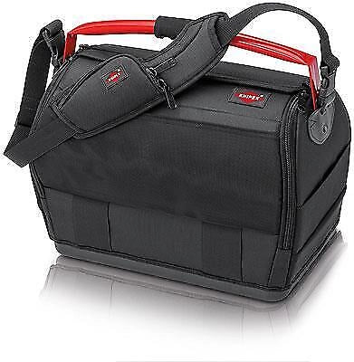 KNIPEX 00 21 08 LE Borsa portautensili LightPack Apribile su entrambi i lati Tessuto poliestere resistente con cerniera e chiusura a strappo Maniglia in acciaio con soft-grip Tracolla regolabile con tasca per cellulare Carico max 20 Kg colore Nero e Rosso