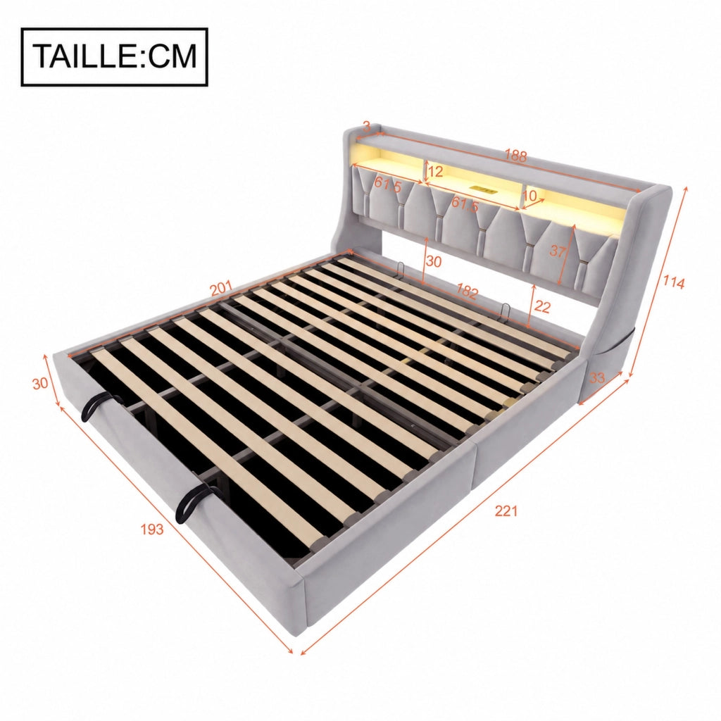 DESMIU Letto Matrimoniale 180 × 200 cm con contenitore idraulico, USB e Type-C, LED, senza materasso, in velluto, grigio