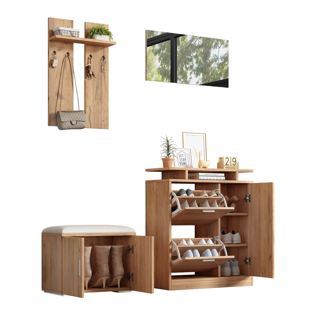 Mobile da ingresso con panca portascarpe, specchio, 5 ante e 4 ganci, in truciolare, naturale, 140 × 35 × 133 cm