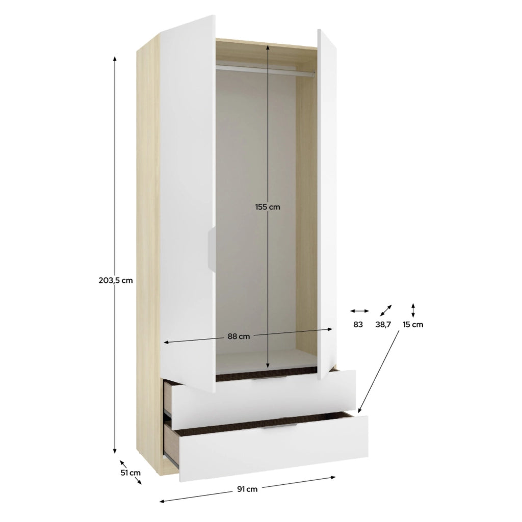 Armadio Camera da Letto Montclare, Guardaroba 2 Ante Appendiabiti, 51x204h cm Bianco