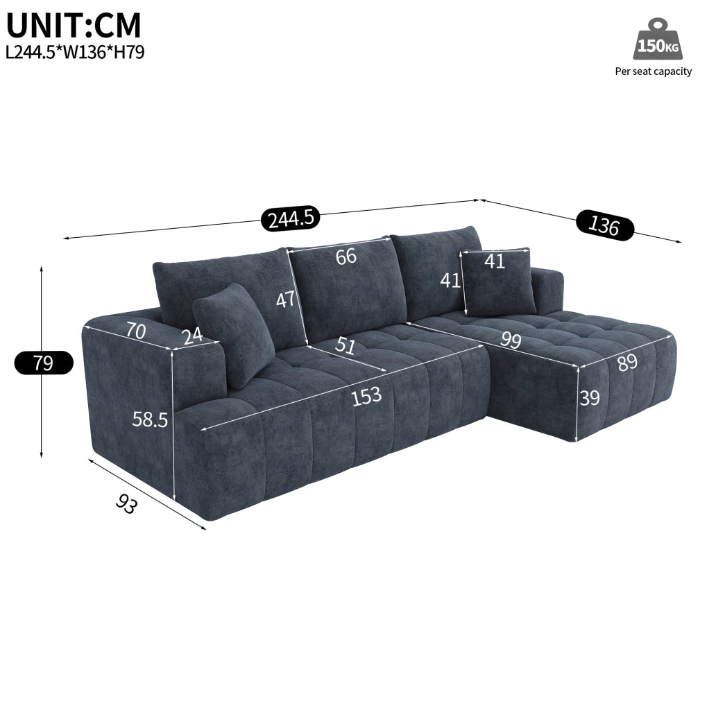 Divano angolare modulare a L 244;5x136x79 cm in ciniglia blu con 2 cuscini