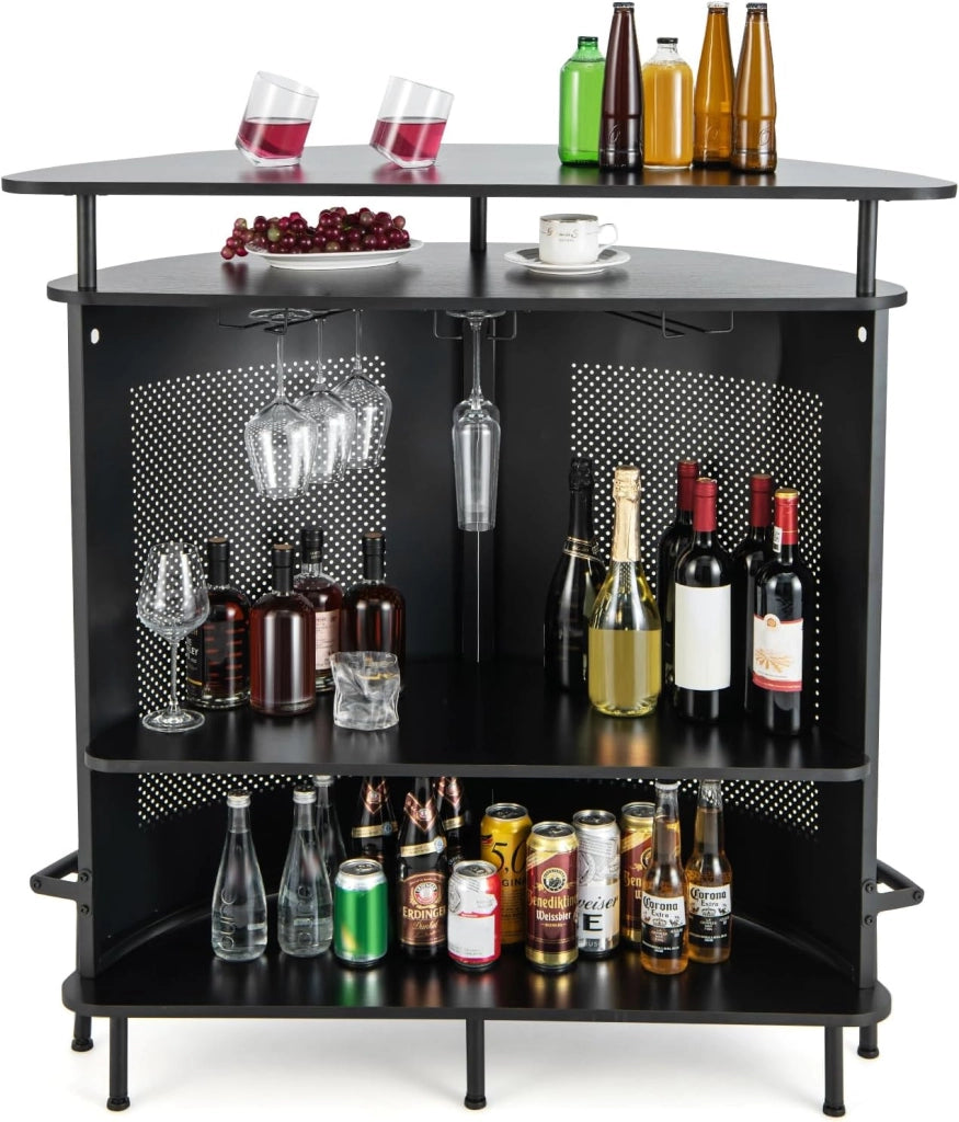 Mobile da bar con ripiani e 3 file di portabicchieri, tavolo da bar curvo con parte anteriore in rete e poggiapiedi in metallo, 6 gambe regolabili, 110,5 x 48 x 112,5 cm, credenza per cucina