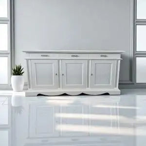 Credenza madia Alberta in legno 3 ante 3 cassetti bianco opaco con rilievo