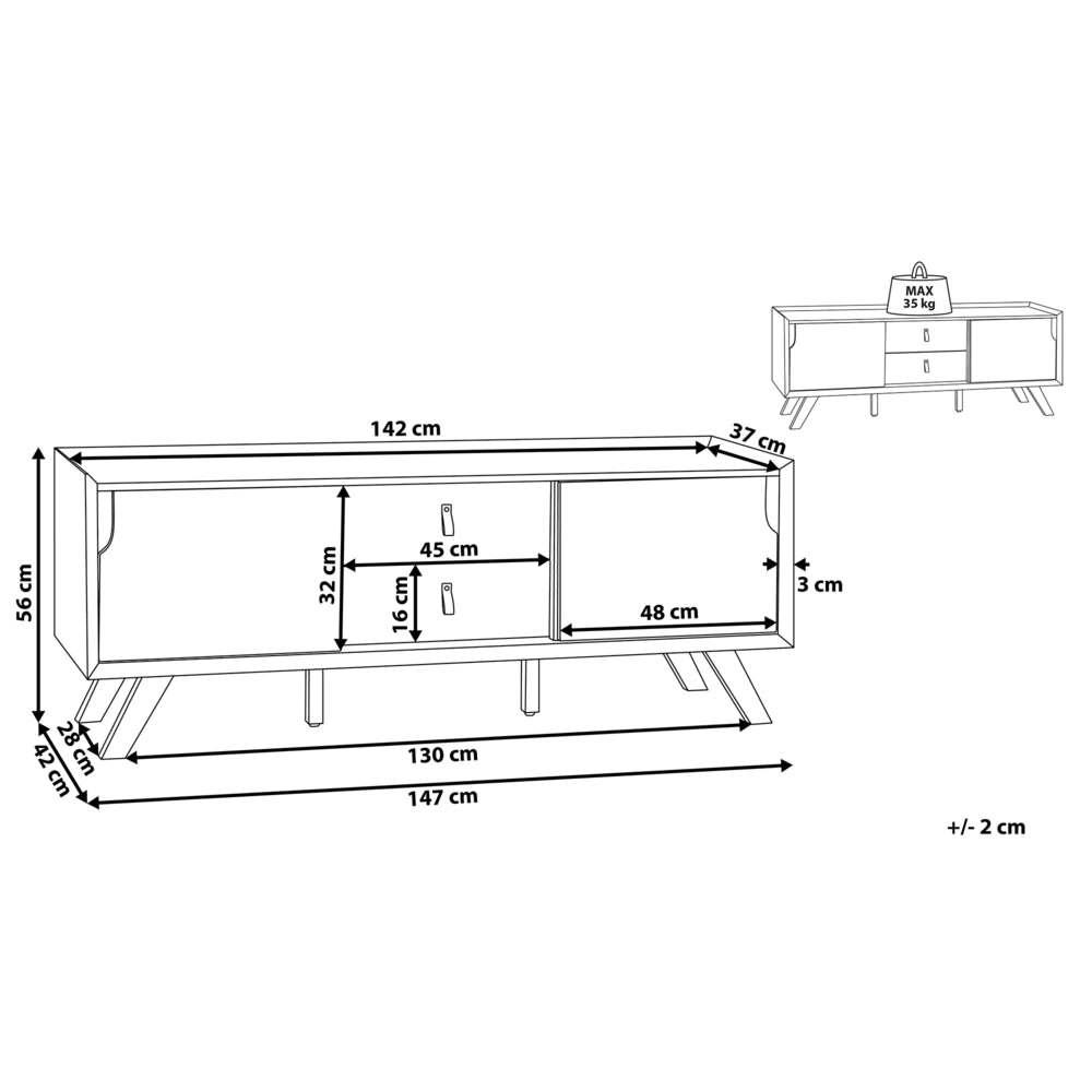 Madia credenza impiallacciata in legno chiaro 56 x 147 x 42 cm con 2 ante scorrevoli bianche e 2 cassetti grigi