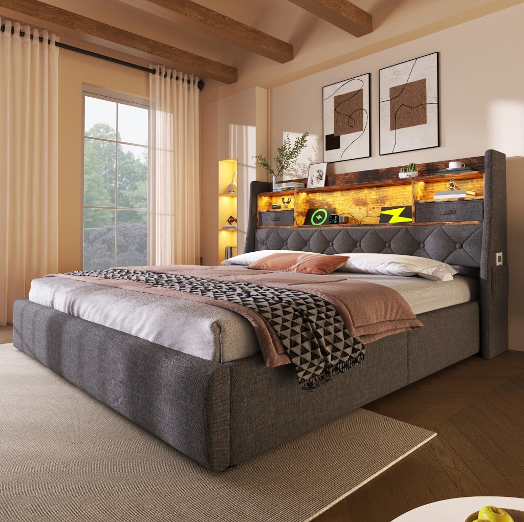 Letto imbottito 140x190 con contenitore, LED e porte USB