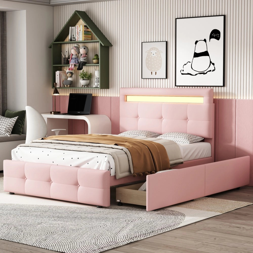 Letto Singolo Imbottito con LED e Cassetti ¨C MINIMAL ¨C Rosa, 90x200
