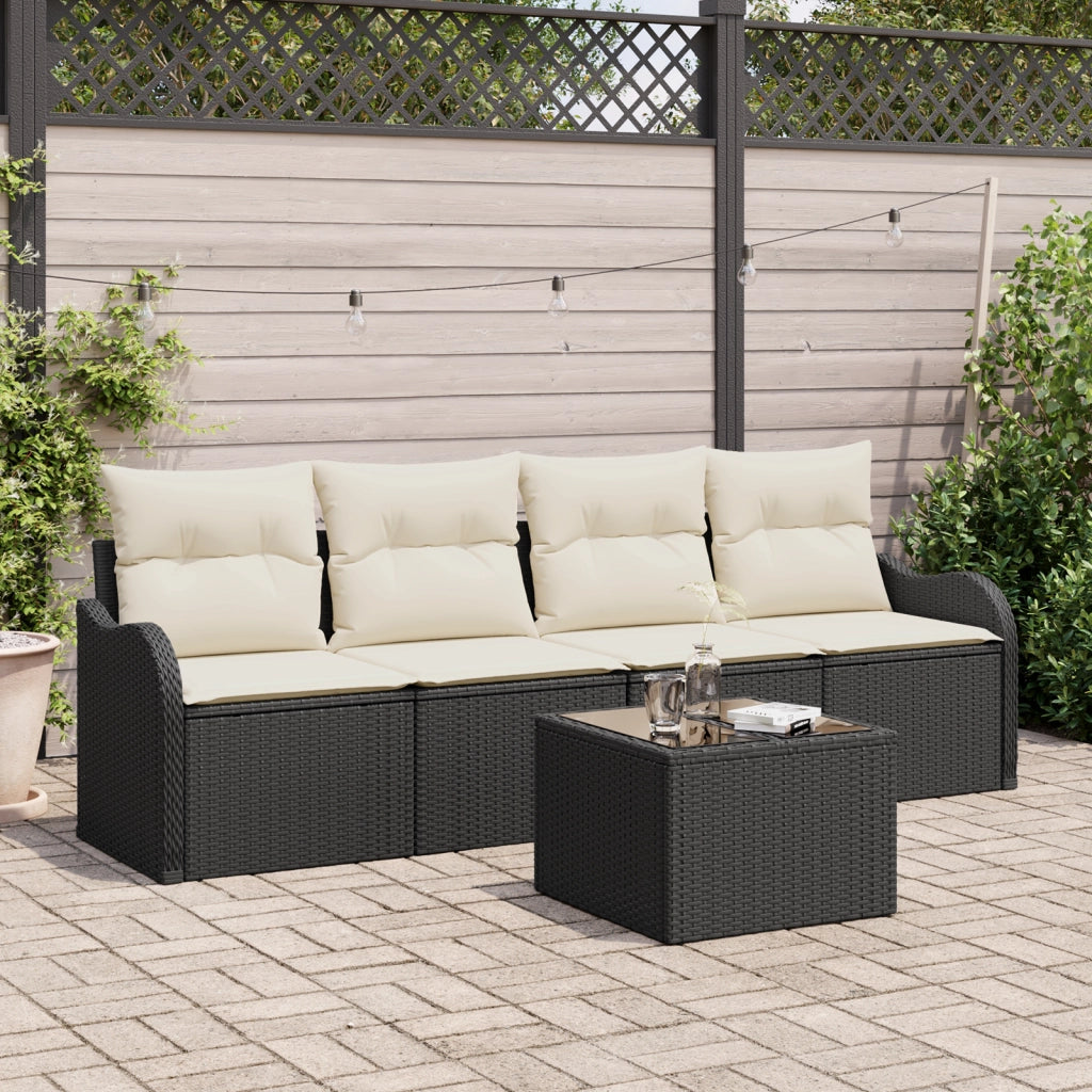 Set Divano Giardino 5 Pezzi con Cuscini Neri in Rattan Polietileno
