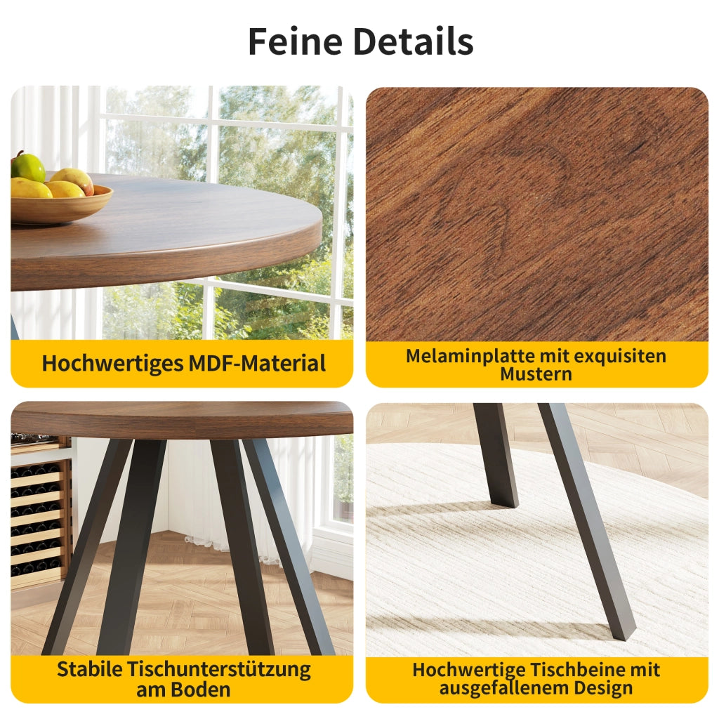 Tavolo da pranzo rotondo con piano in MDF e gambe in ferro colore noce e nero 80 × 80 × 75 cm