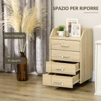 Cassettiera da Ufficio in Legno con 4 Cassetti, Ruote e Bordi Rialzati, 40x36x65cm, Legno Naturale