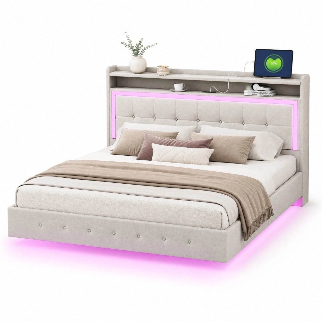 Letto imbottito matrimoniale 140x200 con USB e LED; beige