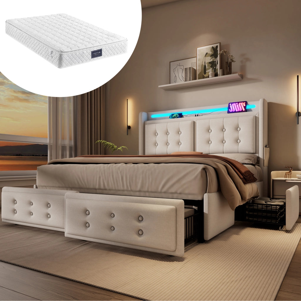 LETTO Contenitore 160x200 cm con materasso incluso, 4 cassetti, Beige