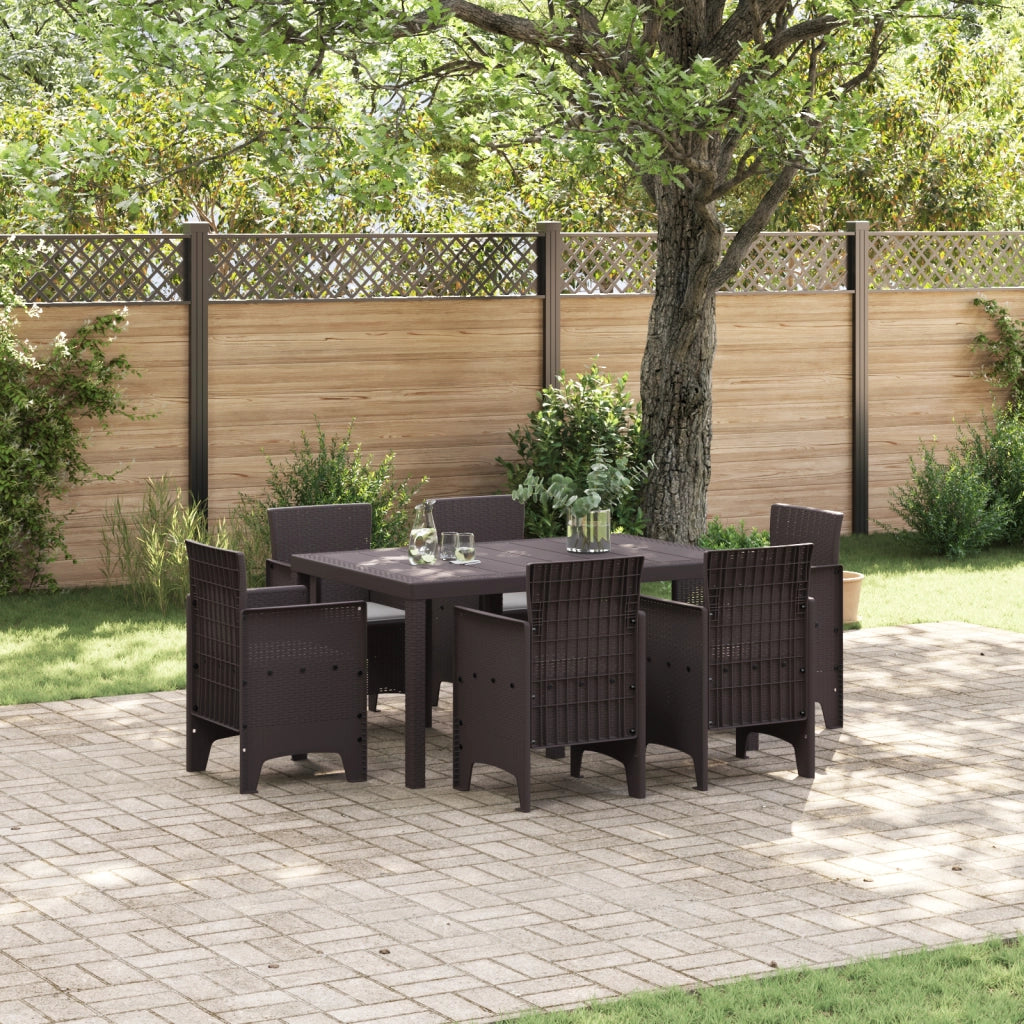Set da Pranzo Giardino 7 Pezzi con Cuscini Marrone Polyrattan