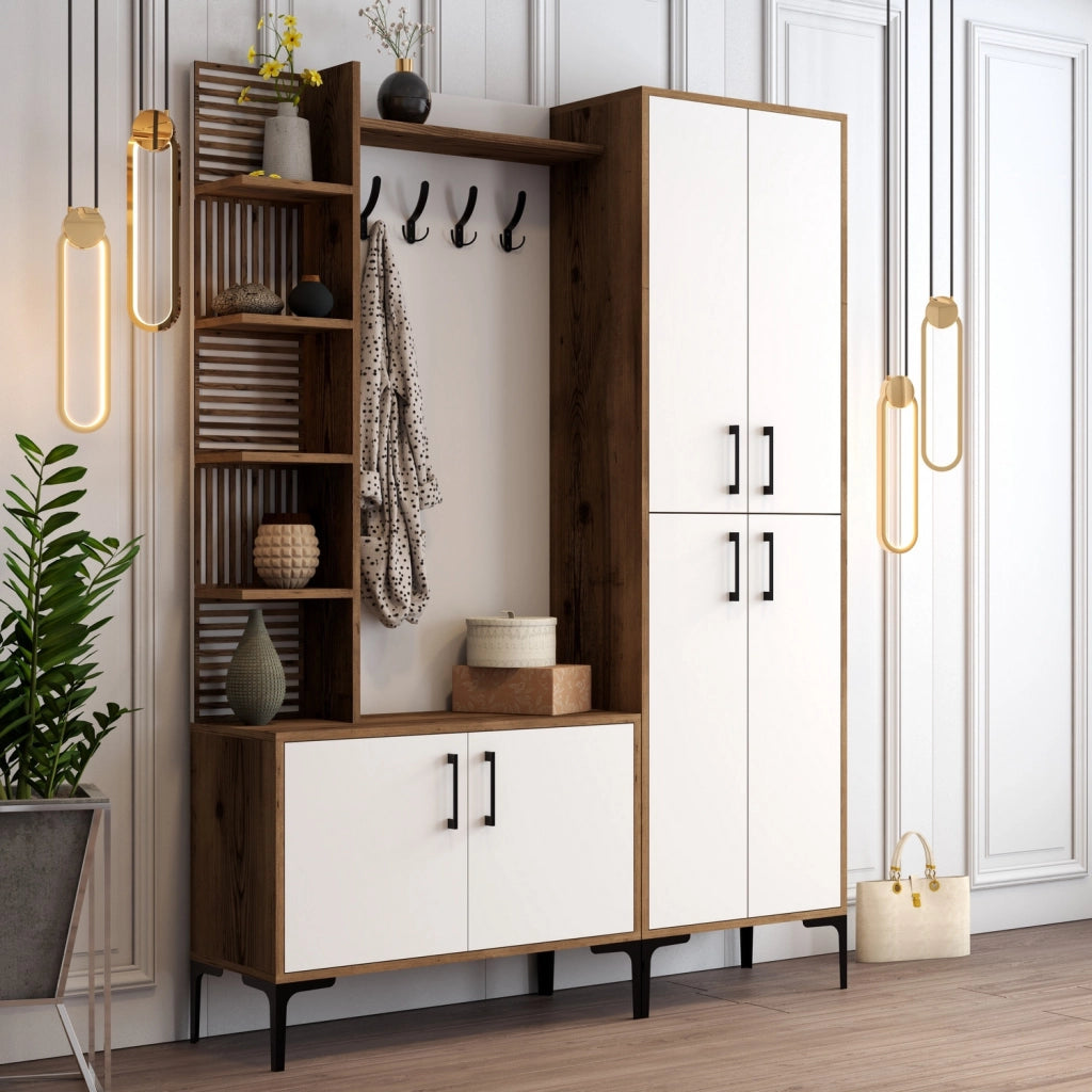 Mobile da corridoio in legno "Viyana DA" - 35 x 60 x 200 cm - Noce, Bianco