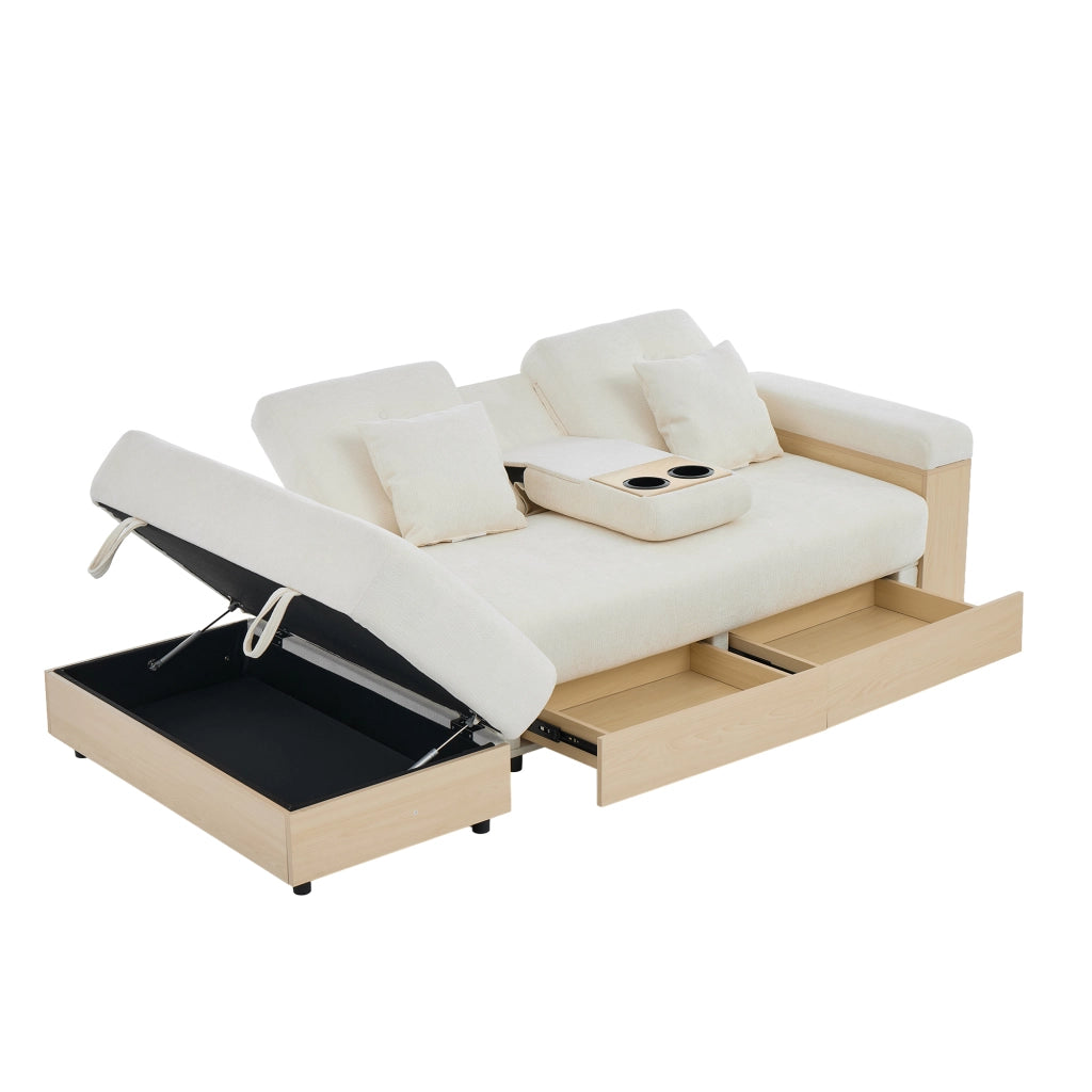 Divano letto in chenille con contenitore, schienale reclinabile a 3 posizioni, 2 cassetti e portabicchieri nascosto, 217 cm, beige