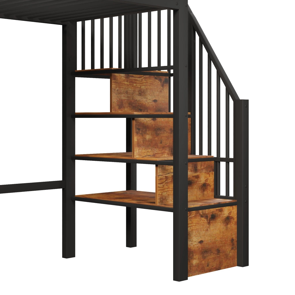 Letto a soppalco 90x200 cm con scala contenitore e spazio gioco in metallo e MDF nero