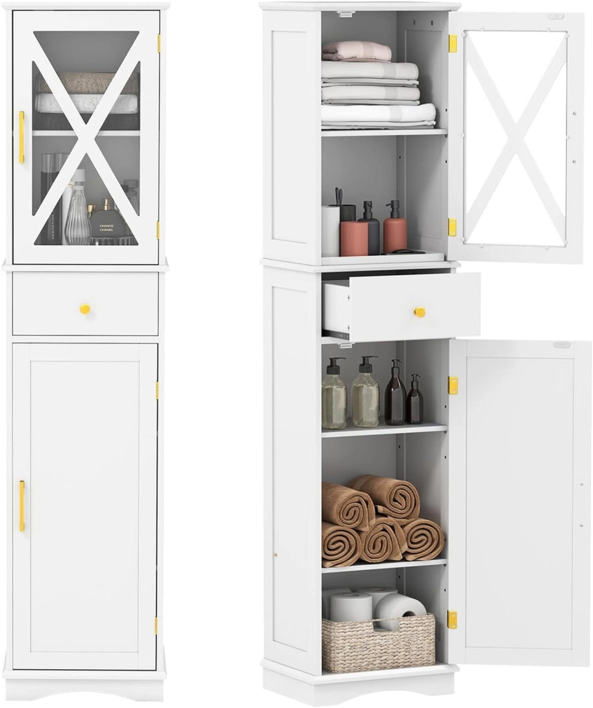 Armadietto da bagno, sottile con 2 ante, 1 cassetto e 3 ripiani regolabili, 40 x 30 x 168 cm, per cucina, soggiorno, bagno, ufficio (bianco)