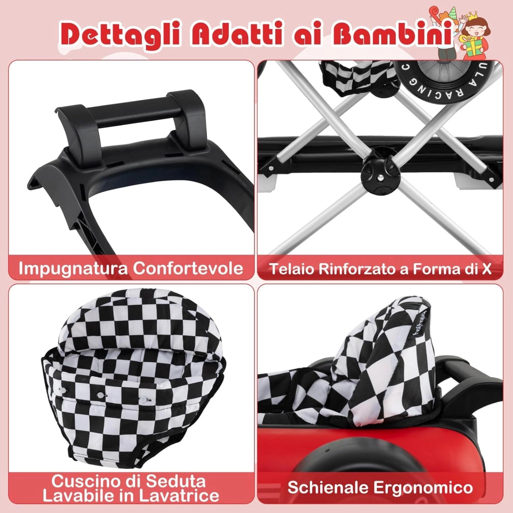 4 in 1 Girello per Bambini, Altezza Regolabile a 3 Livelli, Passeggino per Bambini, con Volante Imbottito e Scatola Musicale, Portata 12 kg, per Bambini 6-18 Mesi (Rosso)