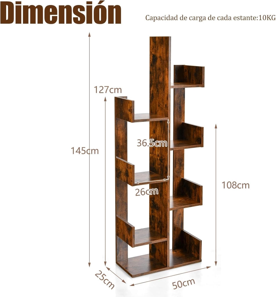 Libreria a 8 livelli 50 x 25 x 145 cm, mobile portaoggetti a forma di albero su piede, dispositivo antiribaltamento, carico totale 80 kg, per soggiorno, ufficio, camera da letto (marrone)