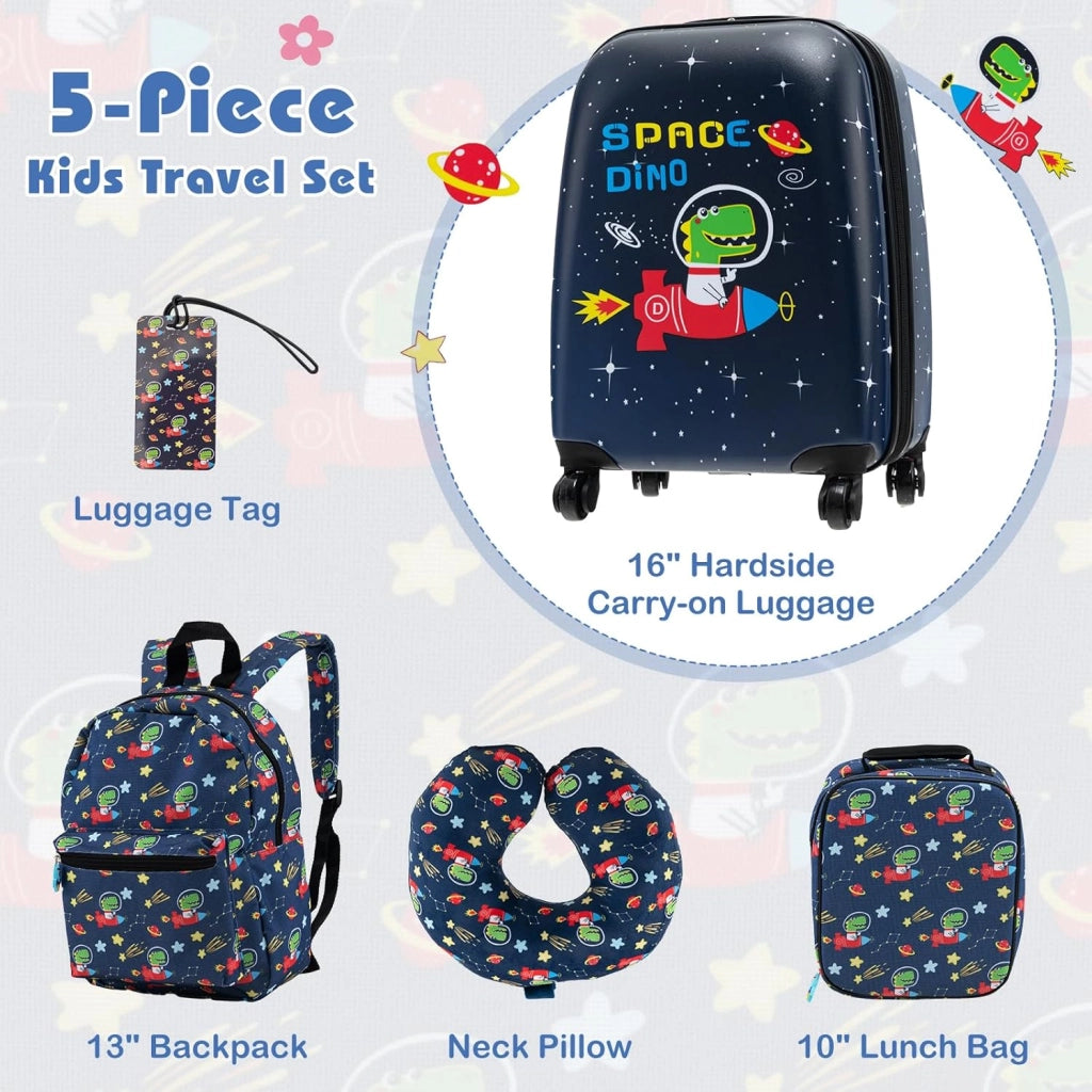 Set di 5 Pezzi Valigia 16’’ + Zaino 13’’ per Bambini, Bagagli 5-in-1 con Cuscino per Collo, Borsetta da Pranzo e Etichetta, Trolley con Maniglia Telescopica e Ruote Universali (Nero Dino-Space)
