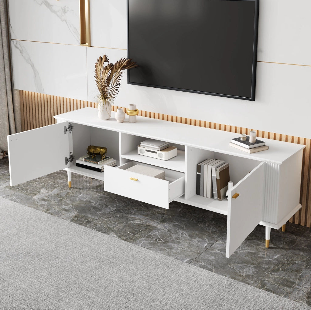 Mobile TV 170x36x54 cm con passacavi e chiusura soft-close in MDF bianco
