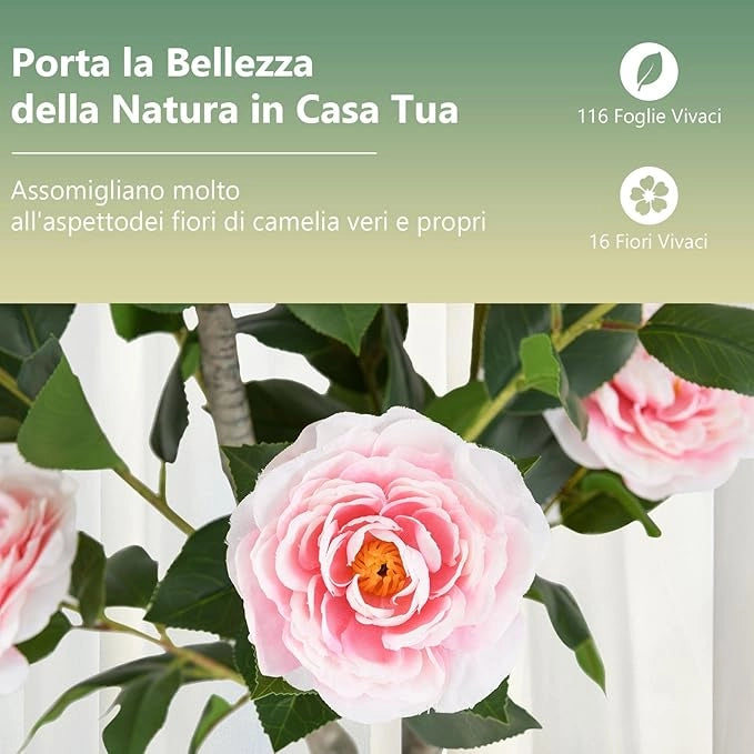 Albero di Camelia Artificiale 90 cm, Pianta Finta in Vaso con 16 Fiori Vivaci e 116 Foglie Vibranti, Pianta Decorativa per Soggiorno, Camera da Letto, Ufficio e Veranda (Rosa)